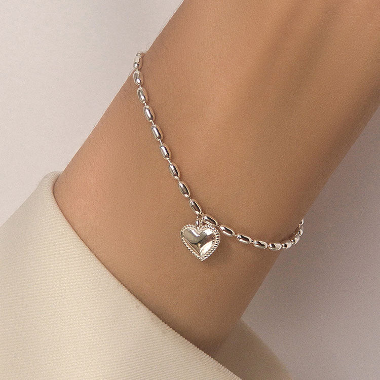 Bracelet pendentif coeur chaîne perles de riz en argent 925 Lot de 10