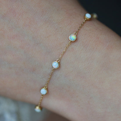 925 sterling silver gold round mini opal chain bracelet Set of 5