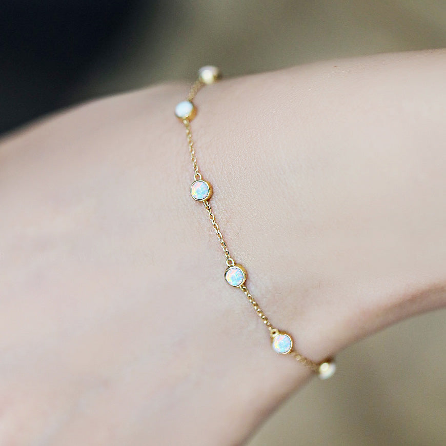 925 sterling silver gold round mini opal chain bracelet Set of 5