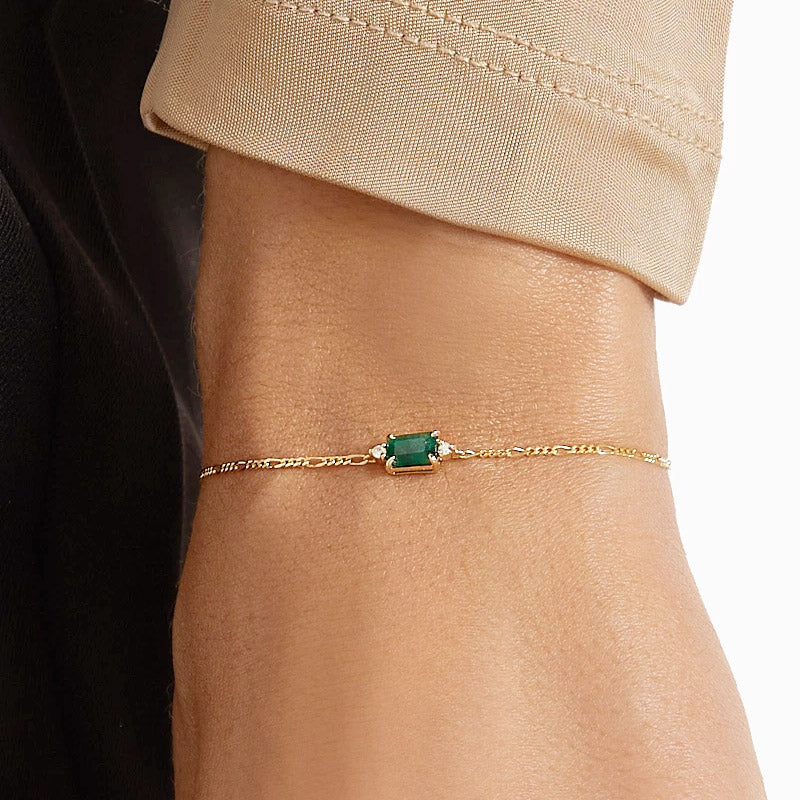 Pulsera de cadena Figaro con circonita verde esmeralda rectangular de plata de ley 925, juego de 10