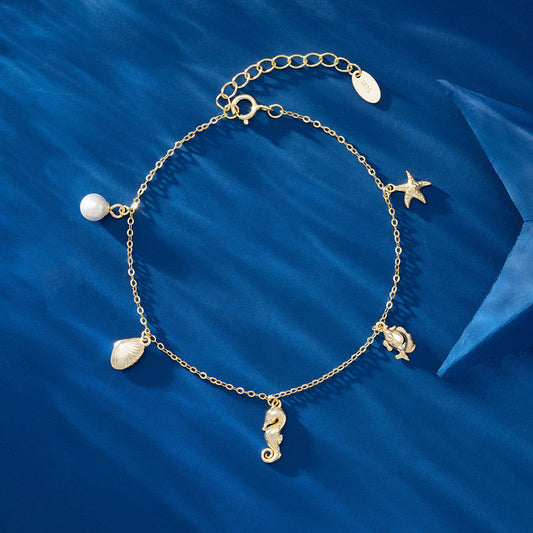 Pulsera con dijes de concha de estrella de mar y caballito de mar en plata de ley 925, juego de 10