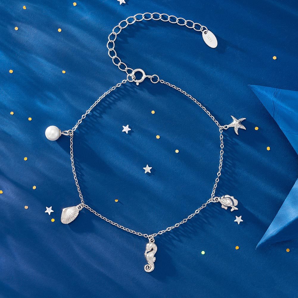 Pulsera con dijes de concha de estrella de mar y caballito de mar en plata de ley 925, juego de 10