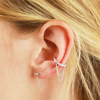 925 sterling silver double-layer chain tassel ear clip earring (5 pcs)