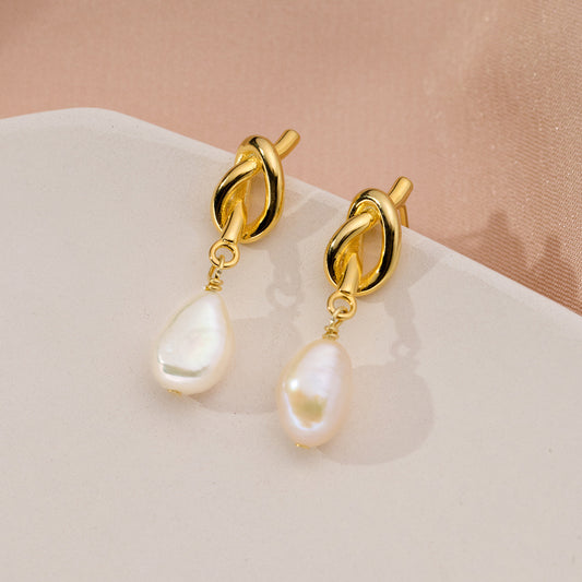 Pendientes colgantes de perlas con nudo vintage chapado en oro de 18k en plata 925 (10 pares)