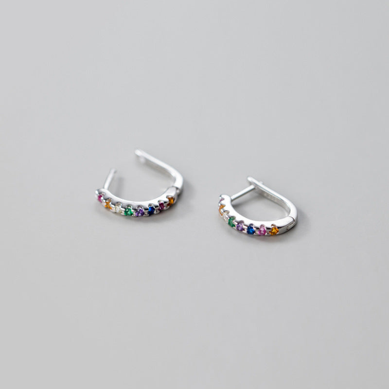 Pendientes huggie de aro delicados geométricos con diamantes de imitación de arco iris de plata 925 (10 pares)