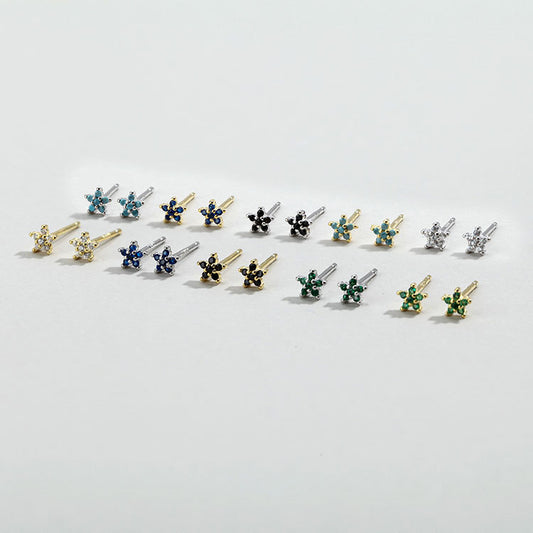 925 sterling silver tiny color zirconia flower stud earrings (5 pairs)