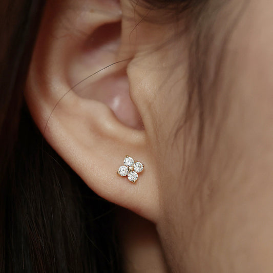 Boucles d'oreilles porte-bonheur en argent 925, petites fleurs en zircon à quatre feuilles (10 paires)