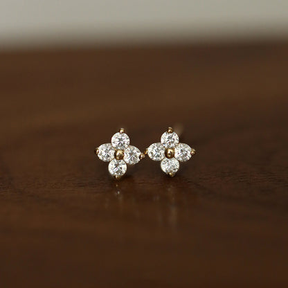 925 silver tiny lucky Four-leaf zircon flower stud earrings (5 pairs)