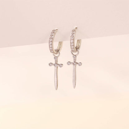 Pendientes de aro colgantes con cruz y circonitas y diamantes en plata de ley 925 (10 pares)