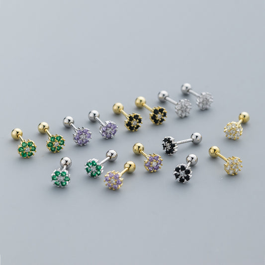 925 silver colorful cubic zirconia flower stud earrings (5 pairs)