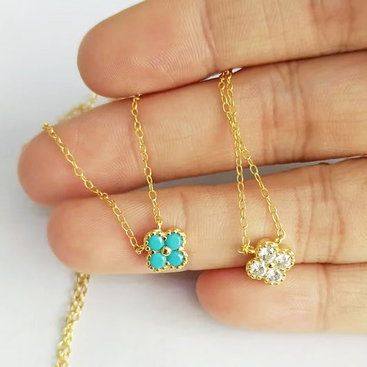 Collier petit pétale turquoise zircon argent 925 Lot de 10