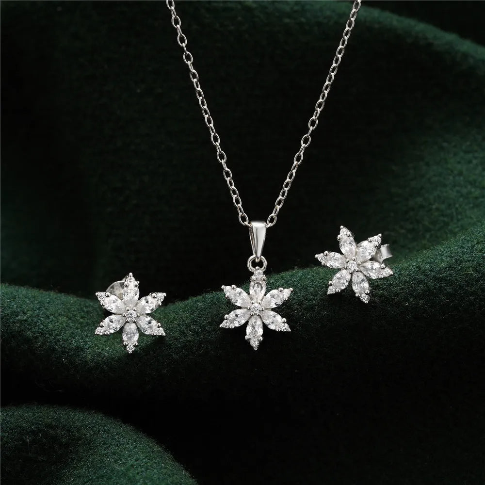 925 sterling silver snowflake stud earring and necklace set (5 Sets)