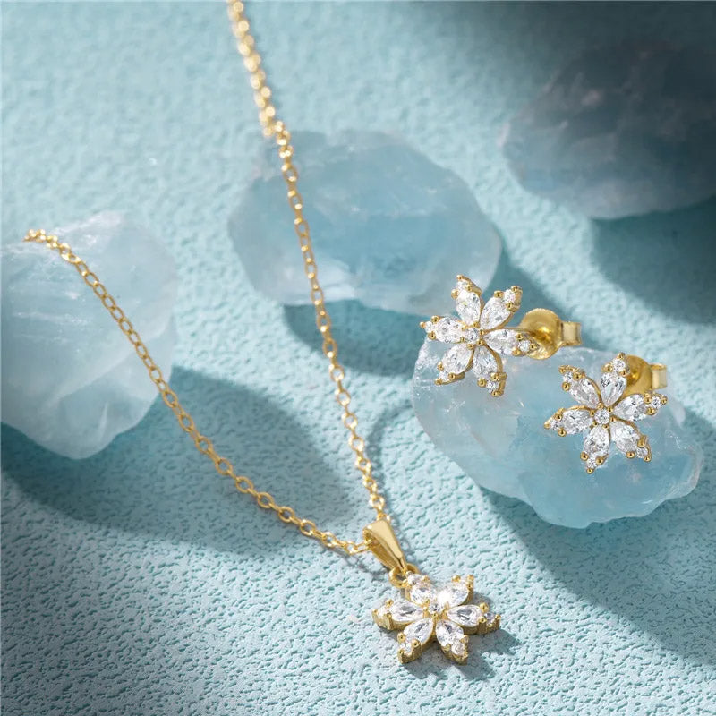 925 sterling silver snowflake stud earring and necklace set (5 Sets)