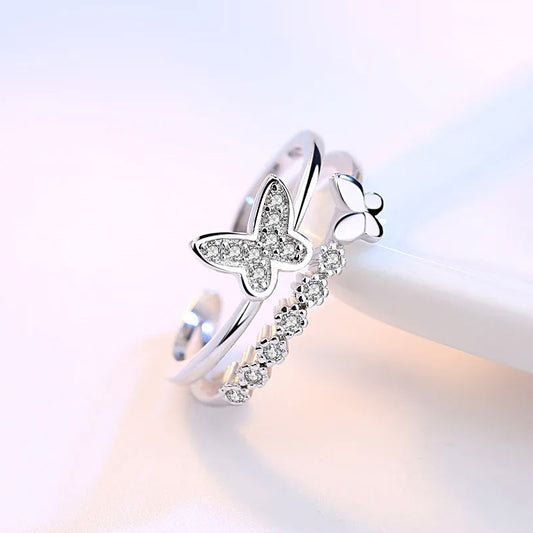 925 sterling silver micro-inlaid butterfly zircon adjustable open rings Set of 5