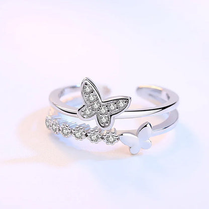 925 sterling silver micro-inlaid butterfly zircon adjustable open rings Set of 5