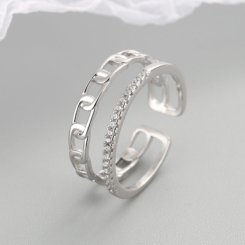 925 silver two-layered link adjustable open rings Set of 5