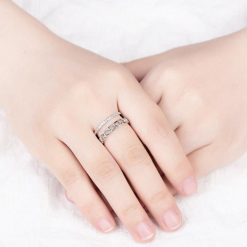 925 silver two-layered link adjustable open rings Set of 5