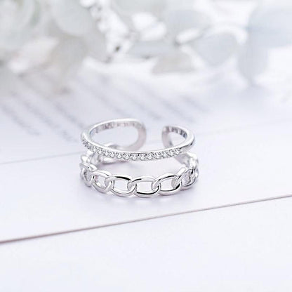 925 silver two-layered link adjustable open rings Set of 5