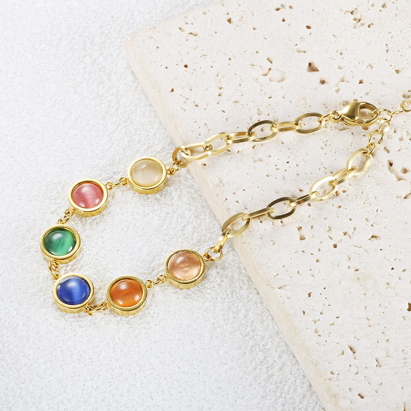 Stainless steel colorful natural opal stone link chain bracelets Set of 5