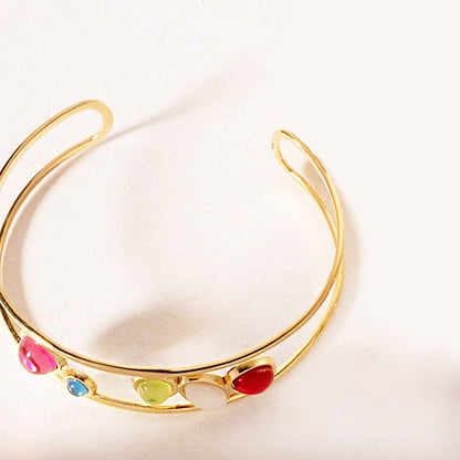 Stainless steel multi-color opal stone cuff bracelet bangle Set of 5