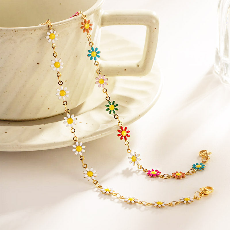 Stainless steel jewelry Korean style enamel daisy flower charm chain bracelets Set of 5