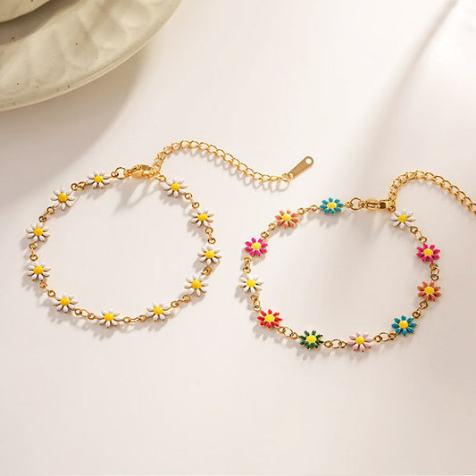 Stainless steel jewelry Korean style enamel daisy flower charm chain bracelets Set of 5