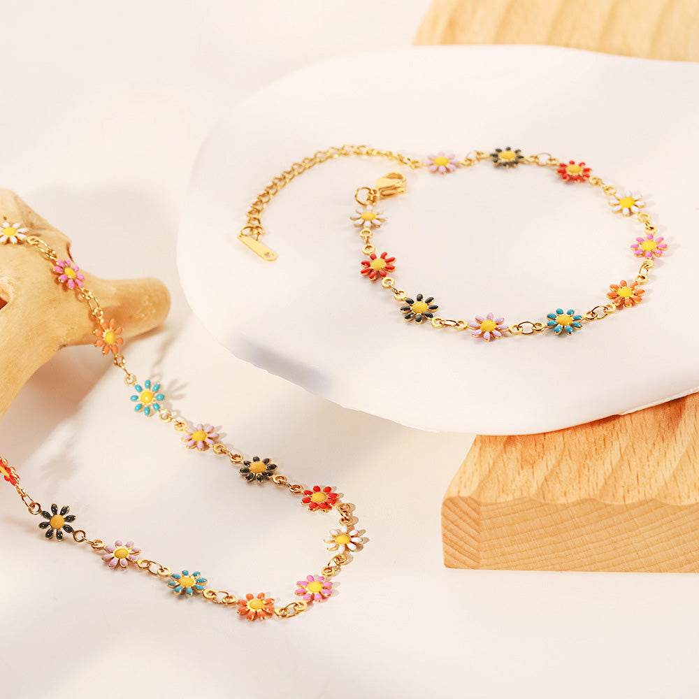 Joyería de acero inoxidable, pulseras de cadena con dije de flor de Margarita esmaltada de estilo coreano, juego de 10