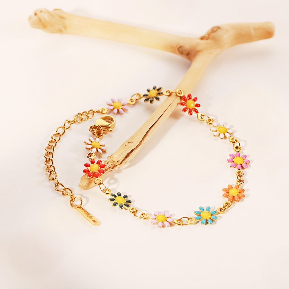 Stainless steel jewelry Korean style enamel daisy flower charm chain bracelets Set of 5