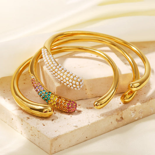 Stainless steel gold colorful cubic zirconia pearl open cuff bangles Set of 5