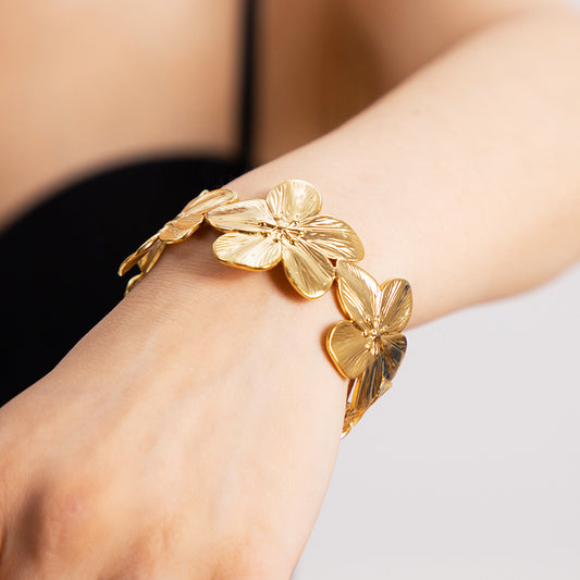 Stainless steel women gold flower wide cuff bracelets Set of 5