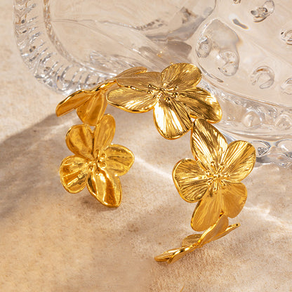 Stainless steel women gold flower wide cuff bracelets Set of 5