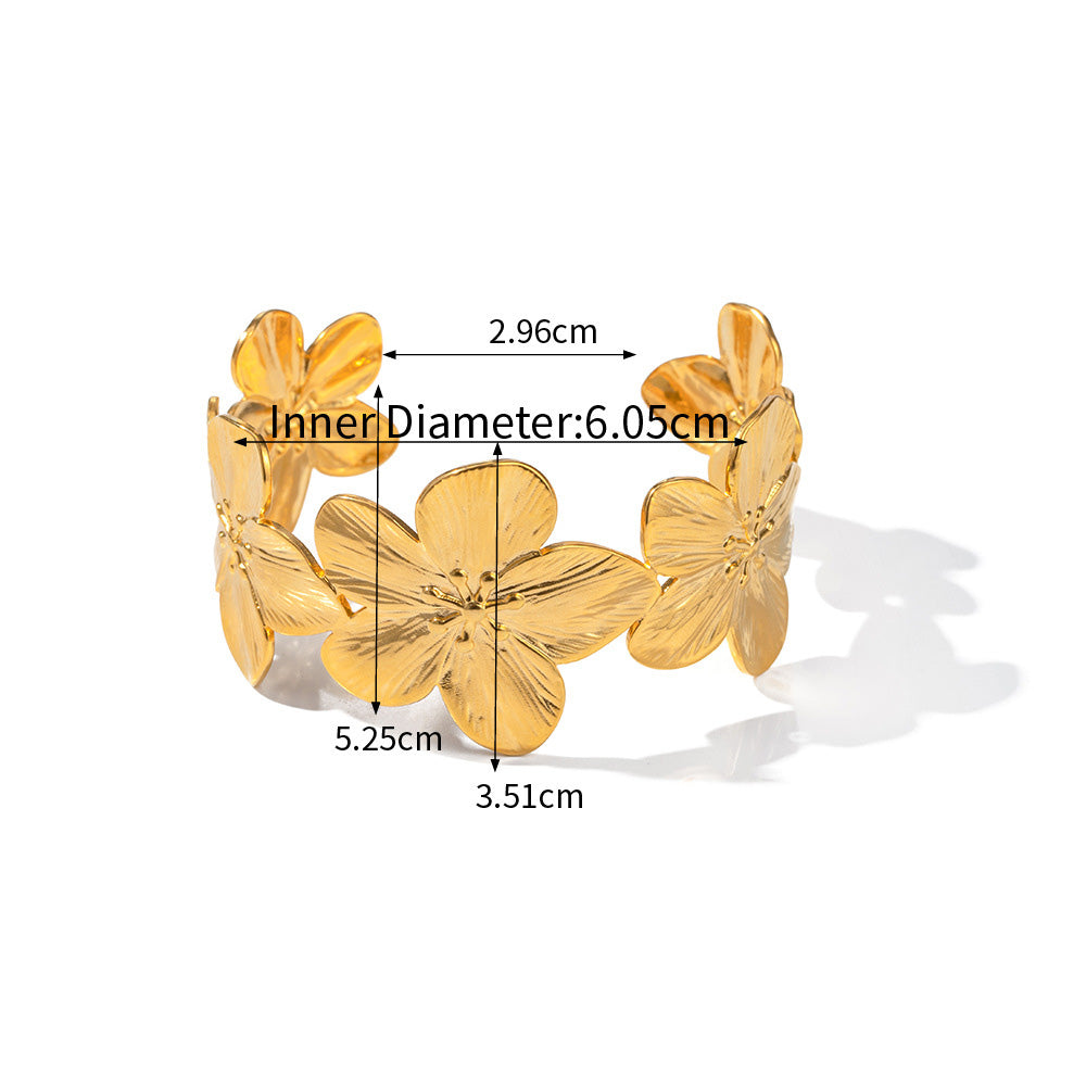 Stainless steel women gold flower wide cuff bracelets Set of 5