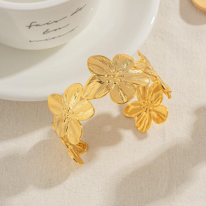 Stainless steel women gold flower wide cuff bracelets Set of 5