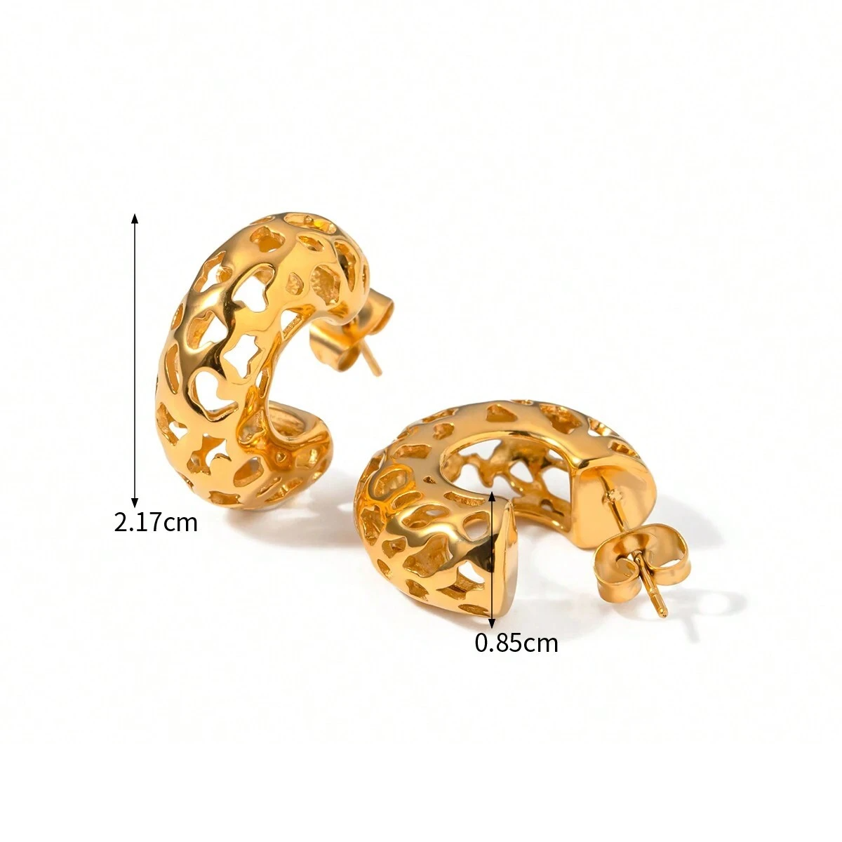 Stainless steel gold plated chunky 2cm hollow C-shaped stud earrings (5 pairs)