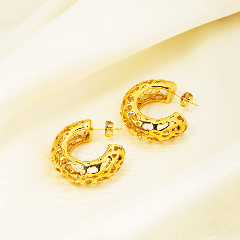 Stainless steel gold plated chunky 2cm hollow C-shaped stud earrings (5 pairs)