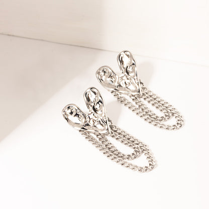 Stainless steel hammered heart link chain tassel post earrings (5 pairs)