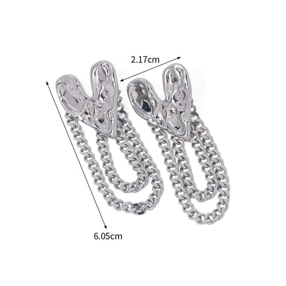 Stainless steel hammered heart link chain tassel post earrings (5 pairs)