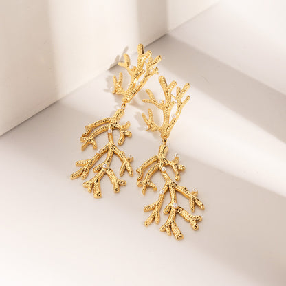 Stainless steel gold plated pearl coral branch drop earrings (5 pairs)