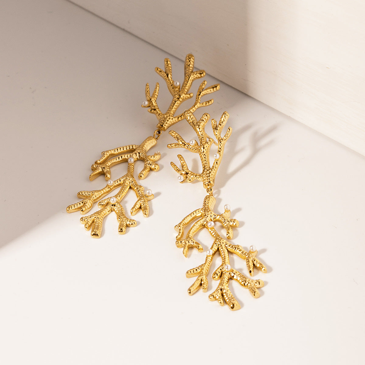 Stainless steel gold plated pearl coral branch drop earrings (5 pairs)