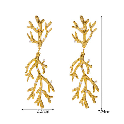 Stainless steel gold plated pearl coral branch drop earrings (5 pairs)