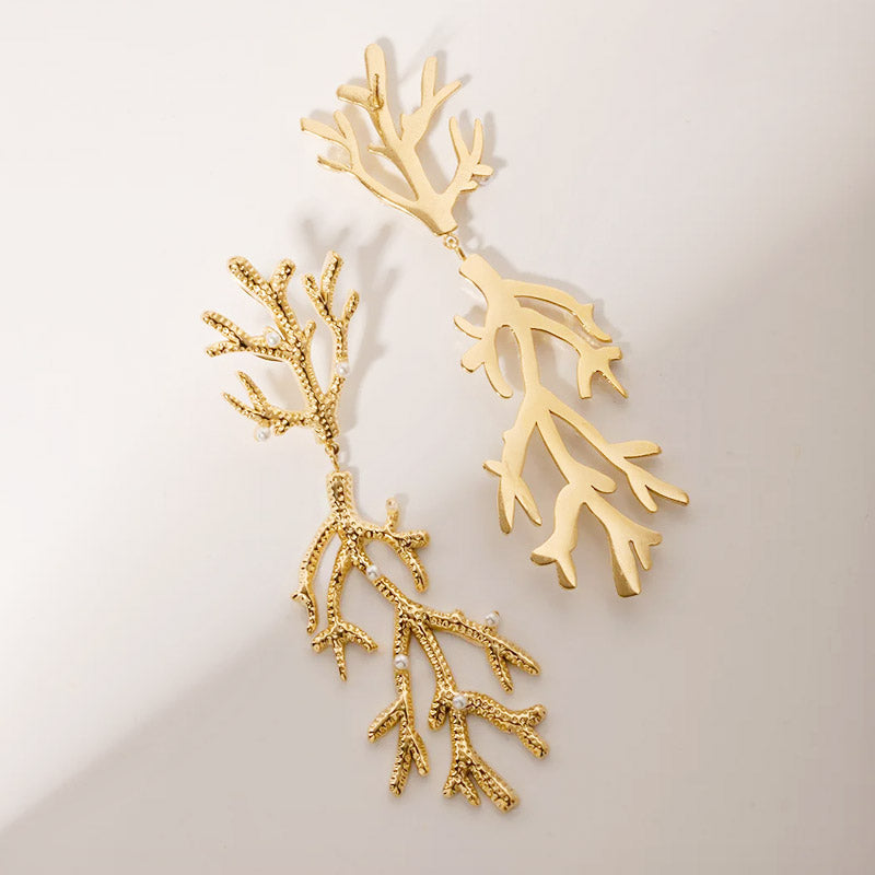 Stainless steel gold plated pearl coral branch drop earrings (5 pairs)