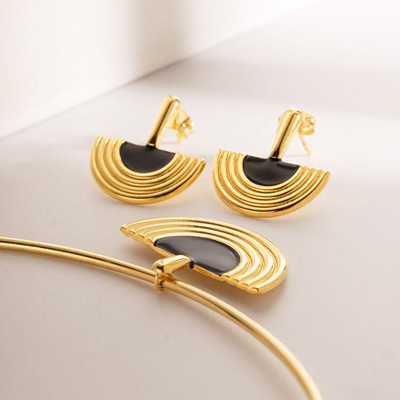 Stainless steel waterproof 18K gold plated enamel Egyptian semicircular fan-shaped earrings (5 pairs)