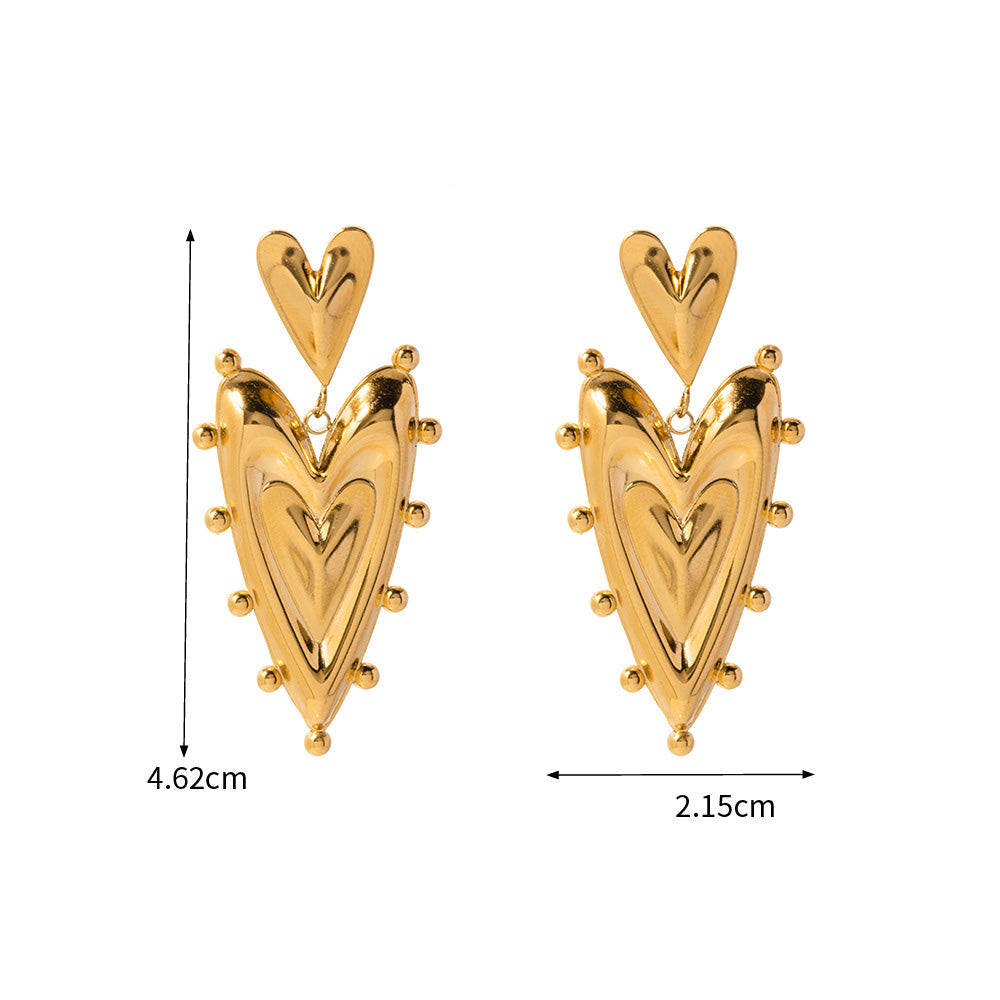 Pendientes colgantes de doble corazón afilados en 3D de acero inoxidable resistente al agua Pvd de 18 k (10 pares)