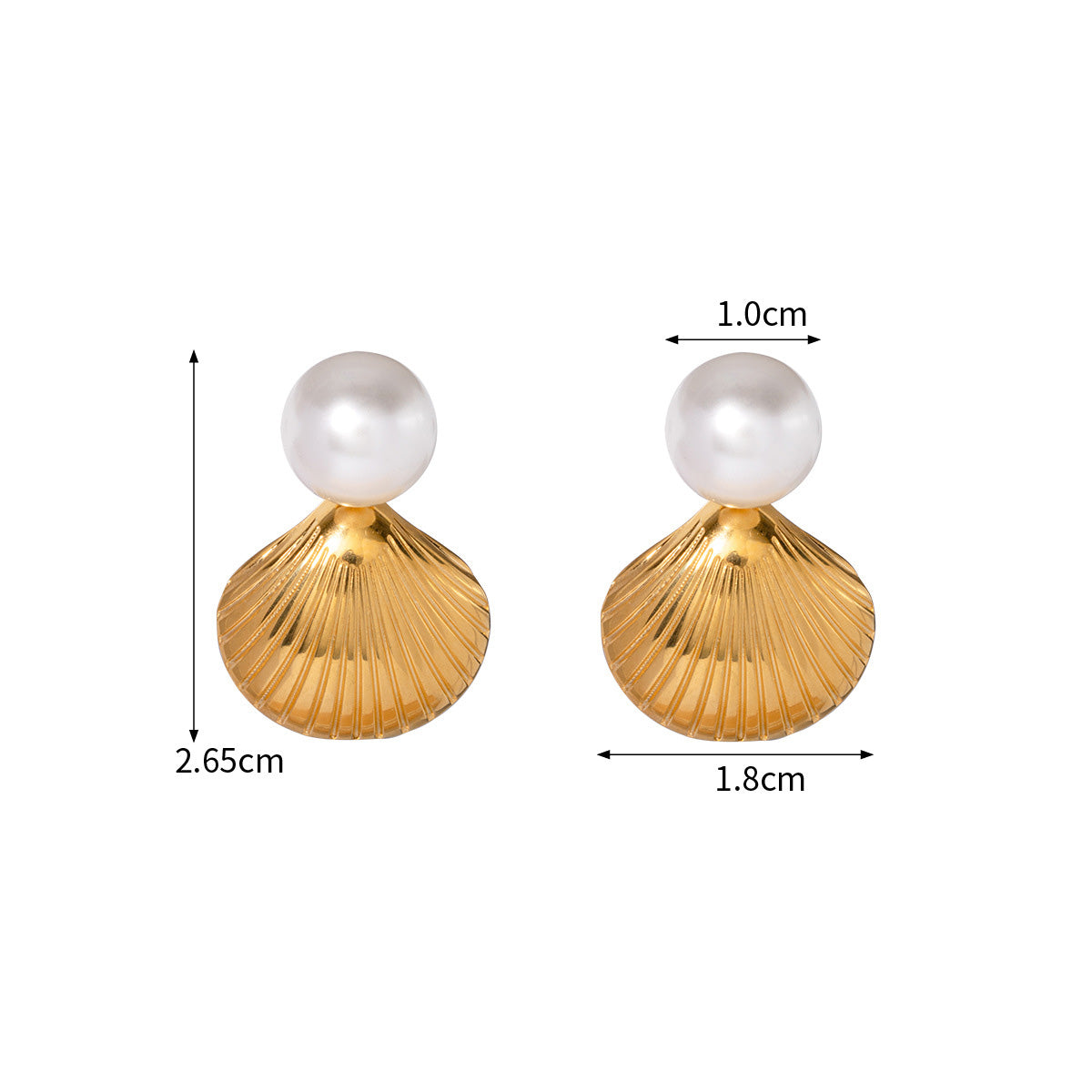 Aretes de una sola perla con forma de concha dorada de acero inoxidable (10 pares)