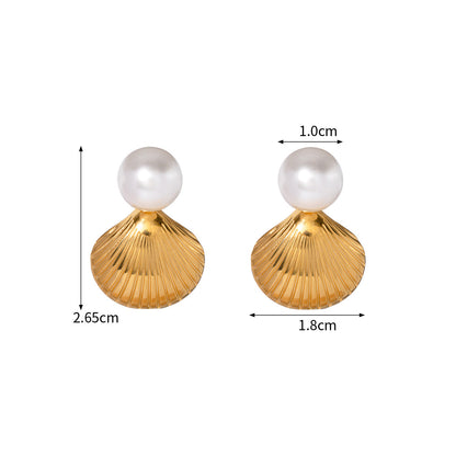 Stainless steel gold shell shape single pearl stud earrings (5 pairs)