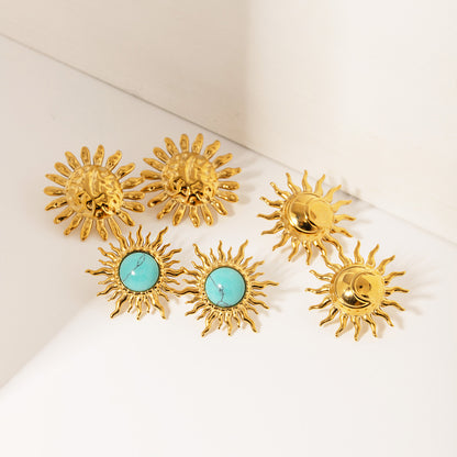 Aretes con diseño de sol de larimar chapado en oro y acero inoxidable (10 pares)