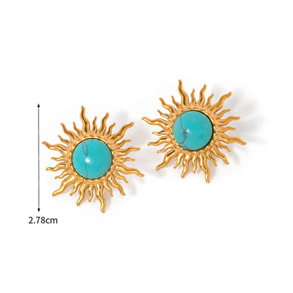 Stainless steel gold plated larimar sun design stud earrings (5 pairs)