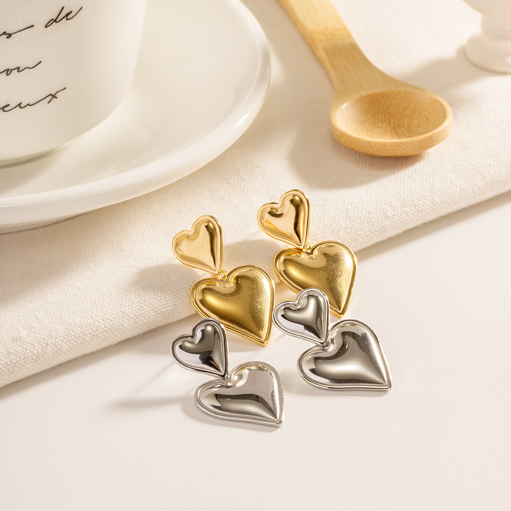 Pendientes colgantes llamativos con doble corazón de acero inoxidable (10 pares)