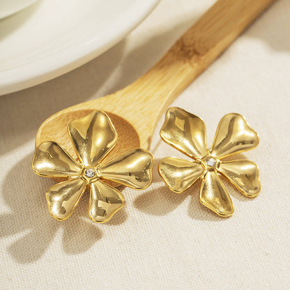 Stainless steel gold big flora flower stud earrings (5 pairs)