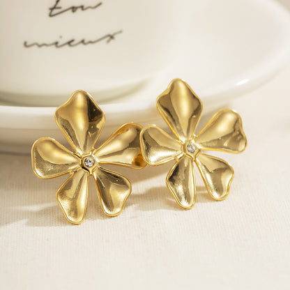 Stainless steel gold big flora flower stud earrings (5 pairs)